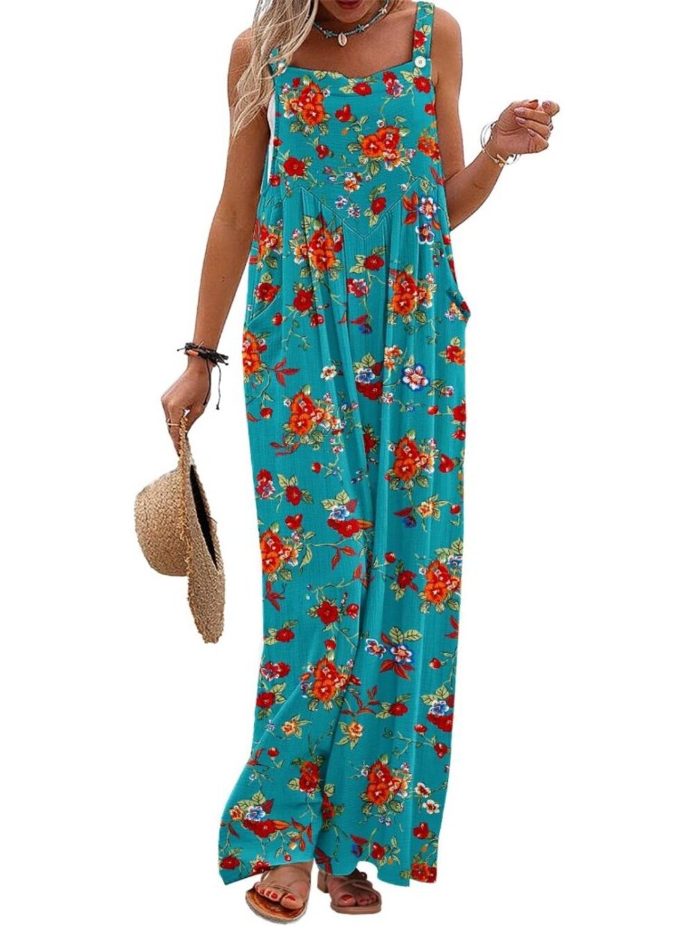Summer Boho Floral Printed Wide Leg Overalls | Casual Loose Jumpsuit with